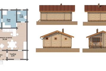 Комфортная баня с большой комнатой отдыха и небольшой террасой