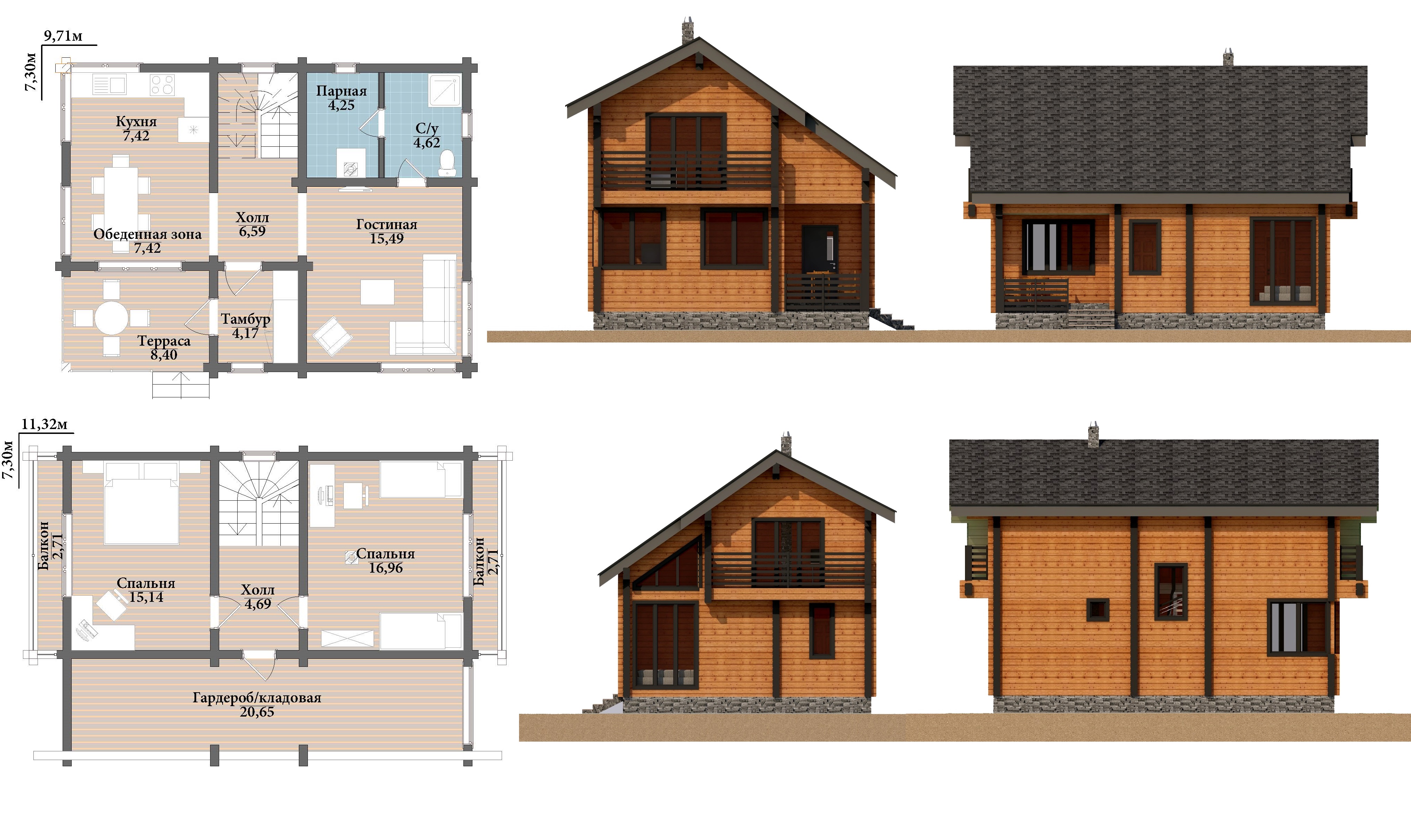 Просторный двухэтажный дом с двумя спальнями, баней и террасой