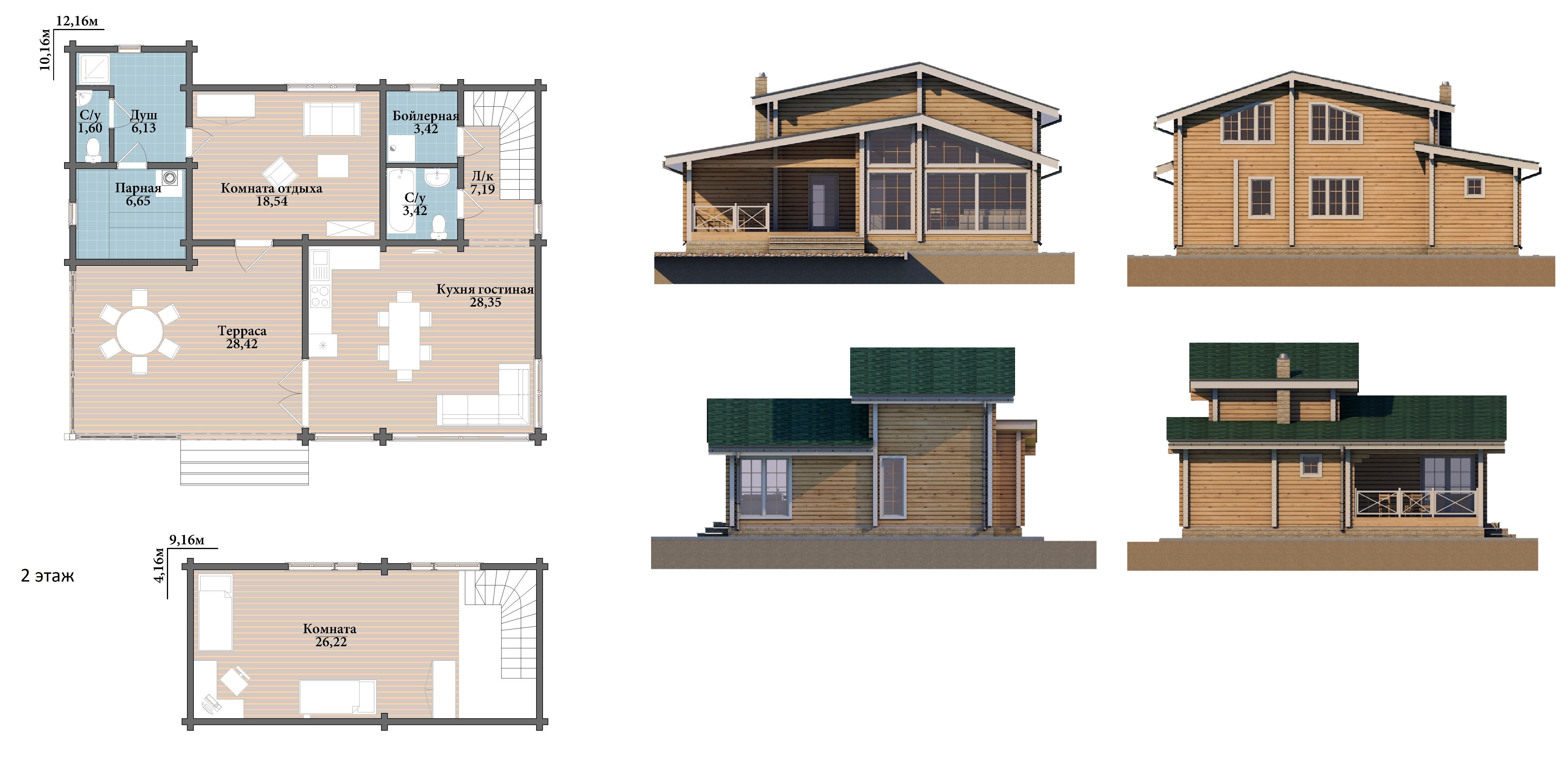 Просторный двухэтажный дом с баней, большой террасой и гостиной
