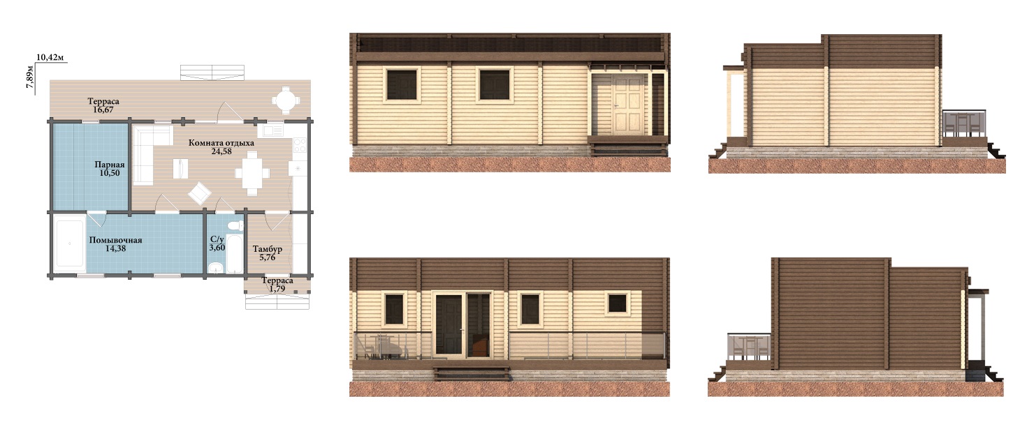 Комфортная баня с просторной комнатой отдыха и небольшой террасой