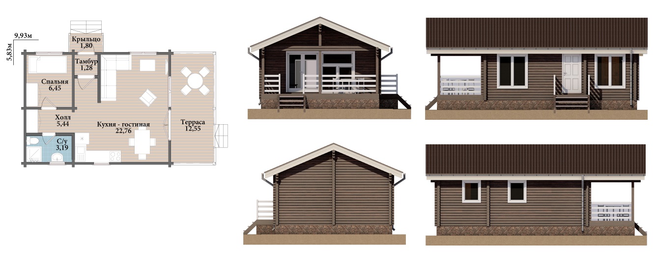 Уютная баня с кухней-гостиной и террасой