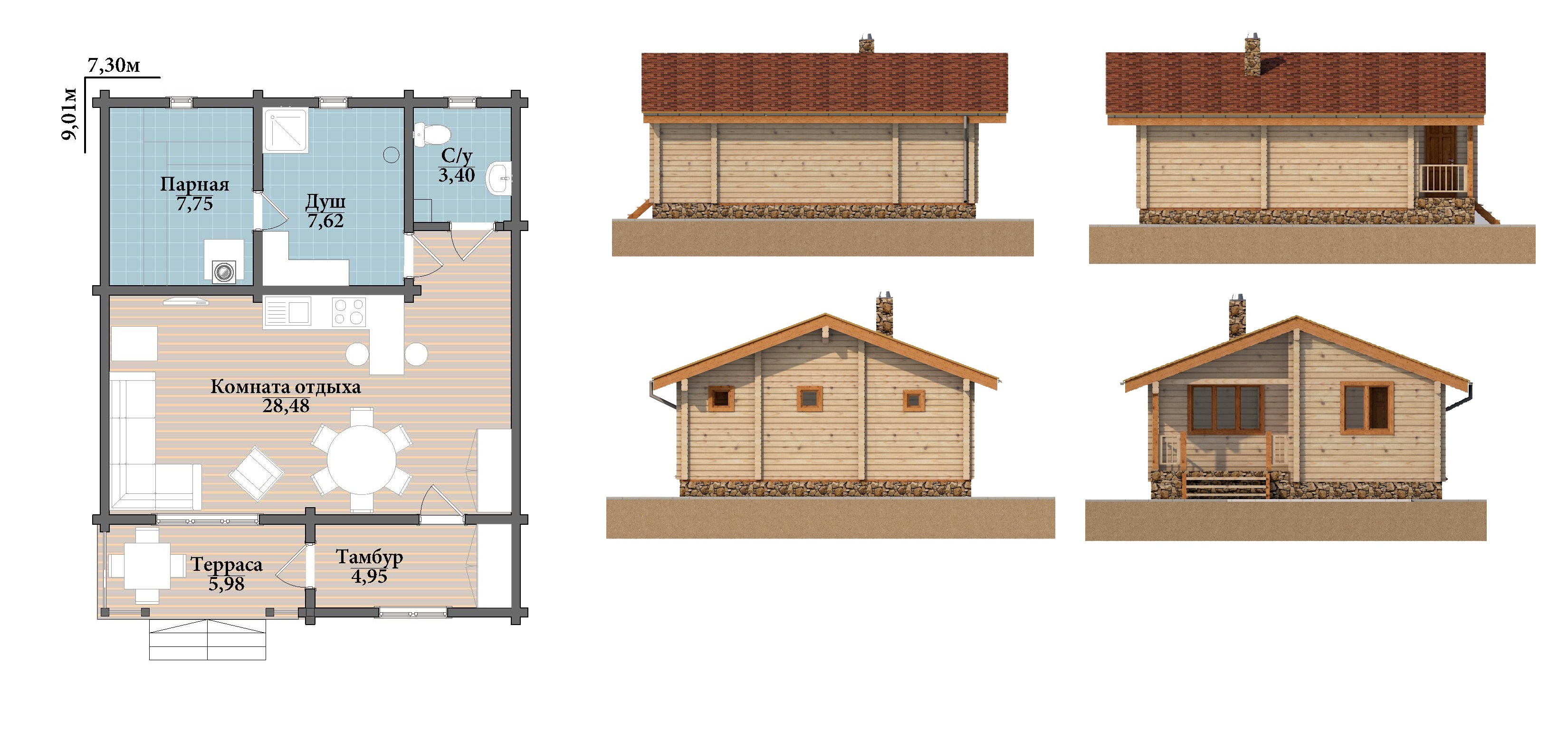Комфортная баня с большой комнатой отдыха и небольшой террасой